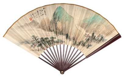 倪田 闵绍桢 1900年作 秋山萧寺图 行书 成扇